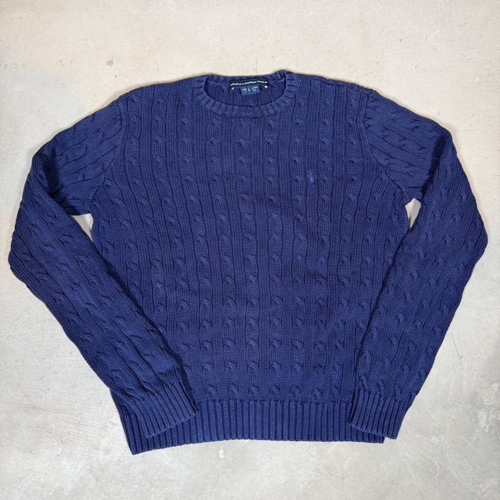 Vtg Ralph Lauren Golf Navy Blue Cable Knit Cotton Crew Neck Sweater Womens Large